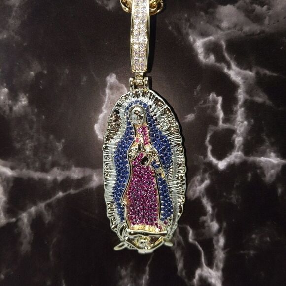 24"Franco Chain + 14K Gold Finish Holy Mary - Picture 2 of 12